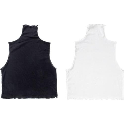 Korean Women Girls Pleated Turtleneck False Collar Pullover Vest Style Crop Top Sheer Mesh Ruffles Decorative Thin Half-Shirt