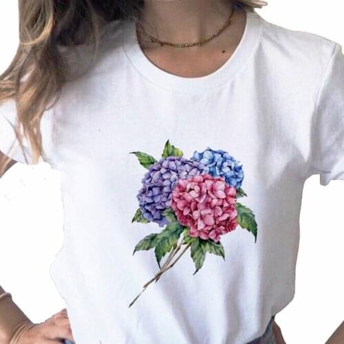 Summer 2021 Kawaii Flowers print ladies T-shirt ladies casual basis O-collar white shirt short sleeve ladies T-shirt,Drop Ship
