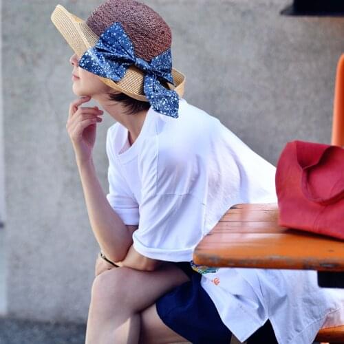 MICOCO A6392C Sweet fresh and lovely bowtie with big eaves and dome curls shade Straw hat