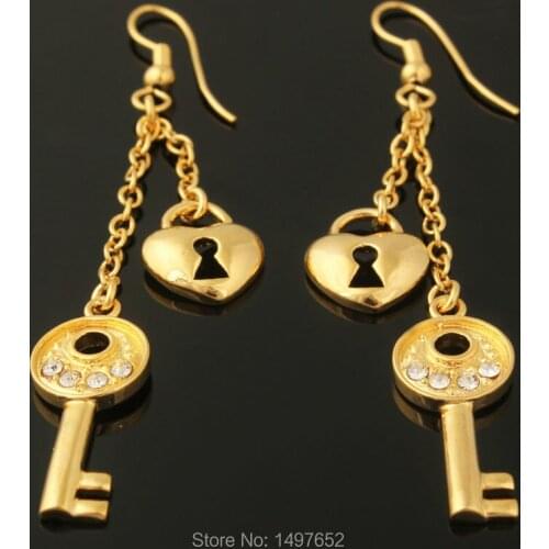 2017 new trendy earrings18k Gold Color key lock drop earrings for women girls best gift high quality wholesale free shipping