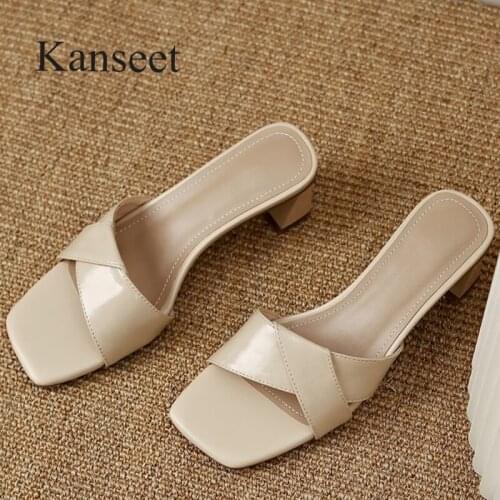 Kanseet New Women Slippers Casual Summer Genuine Leather Brown Apricot Concise Design Thick Heels Handmade Mid Heels Slippers