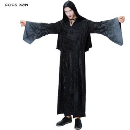 New Black Skeleton Printing Men Vampire Costume Halloween Sorcerer Wizard Cosplay Carnival Christmas Purim Nightclub party dress