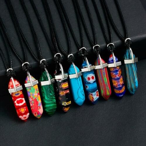 Real Natural Stone Necklaces Crystal Pendant Suspension Stone Quartz Bullet Hexagonal Prism Pendulum Reiki Chakra Retro Necklace