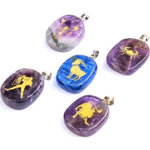 Natural Stone Amethyst Pendant Twelve Constellation Necklace Pendants For jewelry making DIY necklace jewelry accessories