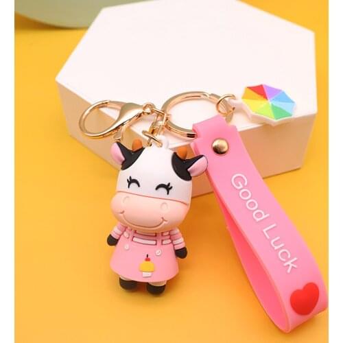 PVC Pink White Cartoon Lovers Keychain Pendant Cow Pendant Handbags Car Keys Chain Home Decoration Lovers Birthday Gifts