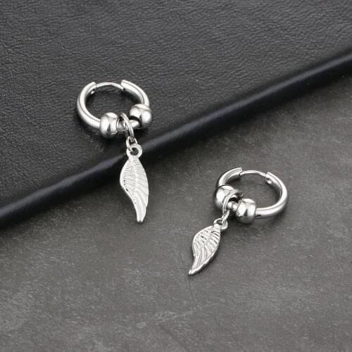 Punk Earrings for Men Women Stainless Steel Rock Tree Leaf Leaves Pendant Hoop Earring Hip Hop Unisex Korea Jewelry Gifts
