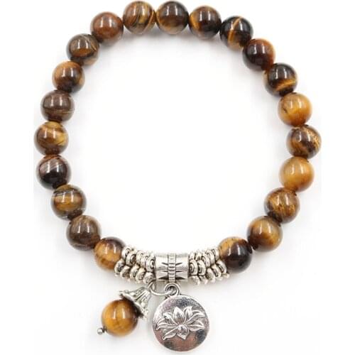 FYJS Unique Silver Plated Lotus Flower Connect Tiger Eye Stone Round Beads Elastic Bracelet Black Agates Jewelry