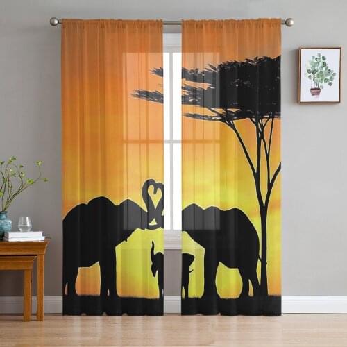 African Elephant Silhouette Window Curtains Bedroom Modern Drape Sheer Tulle Valances Living Room Kitchen Voile Curtain
