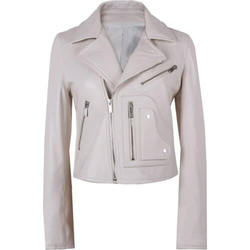 YOLOAgain High Quality Fashion Ladies White Genuine Leather Jacket Short
