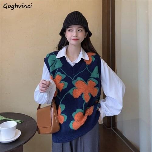 Women Sweater Vest Floral Panelled Loose Sleeveless Knitted Sweaters Female Retro V-neck All-match Simple Korean Style Clothing
