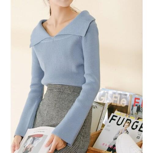 Autumn Cropped Sweater Woman 2021 New Sweet Turn-down Collar Elegant Knitted Pullovers Soft Solid Slim All Match Jumpers