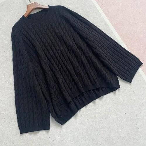 Black COOL 100% Cashmere cable knit crumble Soft Sweater Round Neck Drop Shoulder Oversized Jumpers Pullovers