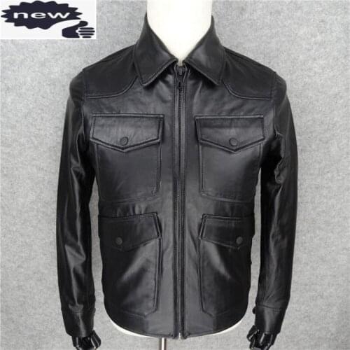 Business Genuine Sheepskin Leather Mens Jacket Luxury Designer Slim Turn-down Collar Male Coat Black Zip Veste Homme Plus Size