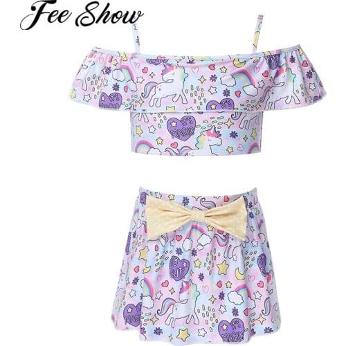 Kids Girls Swimwear Swimming Suit Spaghetti Straps Ruffle Hem Crop Top and Skirt Built-in Briefs Beach Swimsuits Bathing Suits