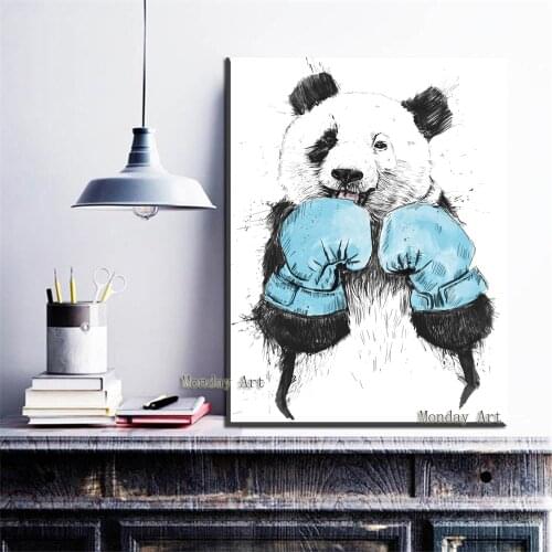 Canvas oil painting Modern Home Decor Wall Art hand painted Black And White kungfu Panda Boxing panda for kids room living room