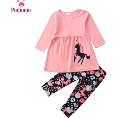 Fashion New Cute Two Piece Set Toddler Kids Girl Clothing Unicorn Long Sleeve Tops+ Floral Pants Outfits 2pcs Set Clothes Set