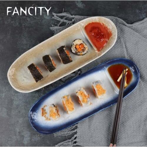 FANCITY Creative Japanese-style ceramic sushi plate, dish plate, retro reaction glaze ceramic tableware, western cuisine platter
