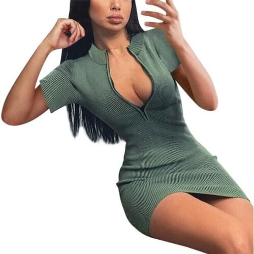 Summer Ribbed Solid Green Women Mini Dress Fashion Summer Short Sleeve Party Clubwear Bodycon Sexy Skinny Dresses Pencil Dress