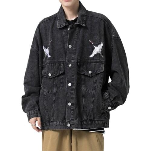 Men Animal Embroidery Denim Coat Loose Fit Single Breasted Biker Cowboy Jackets Casual Preppy Long Sleeve Jacket Plus Size 5XL