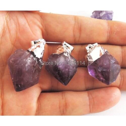Natural Purple Quartz Crystal Point Bead Irregular Pendants Of Silve r Cladding Approx 35*18 mm