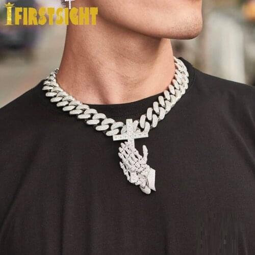 New Bling Cubic Zirconia Iced Out Praying Hands Cross Pendants Necklaces 5A CZ Skeleton Charm For Men Women Hip Hop Jewelry
