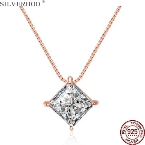 SILVERHOO Genuine Sterling Silver 925 Women Necklace Inlay Square Cubic Zirconia Pendent Necklace Fine Jewelry Festival Gifts