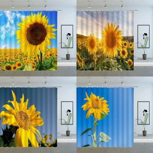 Sunflower Flower Shower Curtains Yellow and White Floral Plant Scenery Pattern Print Bathroom Cloth Hanging Curtain Sets