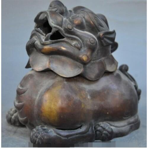 S05702 6" old chinese bronze evil foo dog lion beast pixiu statue Incense Burner Censer