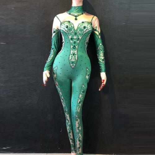 Sexy Green Rhinestones Printing Jumpsuit Women DJ Bar Performance Dance Wear DS Female Singer MV Rhinestone Bodysuit DWY1380