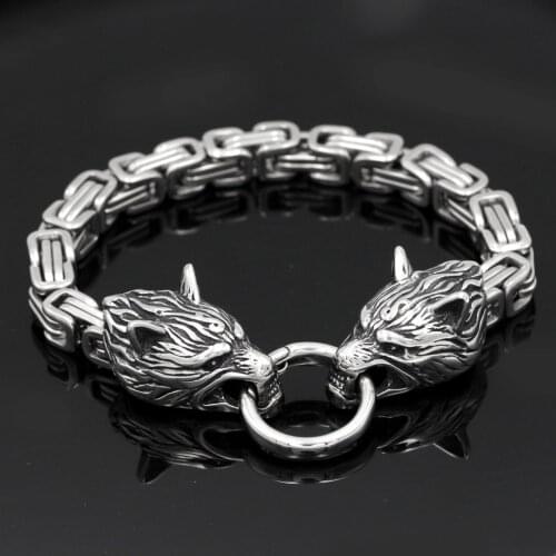 Norse Men stainless steel King chain viking wolf head bracelet 17 19 21 CM