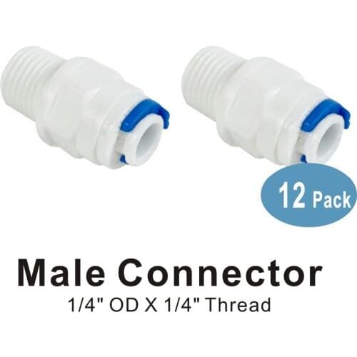 Male Connector 1/4" Thread to 1/4" Quick Connect Fitting Parts for Water Filters and Reverse Osmosis RO Systems - 12 Pack