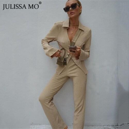 JULISSA MO Fashion Two Piece Sets for Women Long Sleeve Buttons Tops Slim Flare Pant Casual Solid Suit Ladies Outfits Streetwear