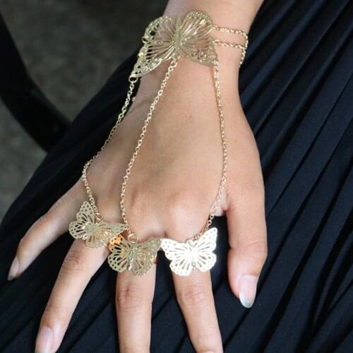 Butterfly Adjustable Gold/Silver Plated Bangles& Bracelets with Finger Ring for Women Arm Cuff Bangles Femme Fashion Jewelry