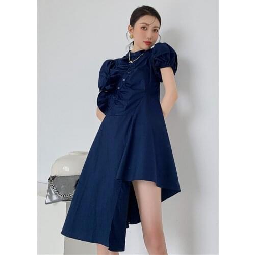 Temperament Vintage Navy Blue Summer Womens Clothing Puff Sleeves Romantic Elegant Folds Asymmetrical Dress Female