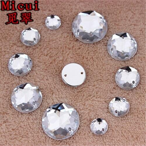 Micui 100PCS 8/10/12/15/18mm Clear Round Acrylic Rhinestones Crystal Flat Back Beads Sew On 2 Holes Stones For Clothing ZZ231