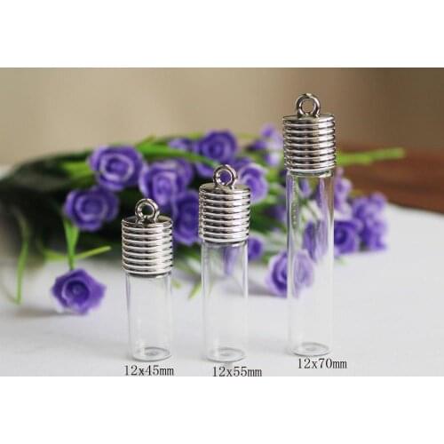 20set 12x45mm 12x55mm 12x70mm flat back clear glass tube + plug + cap for oil liquid pendant findings--size option