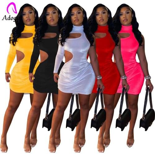 Velvet One Shoulder Women Mini Dress Sexy Women Mock Neck Hollow Out Long Sleeve Festival Short Vestidos Skinny Club Party Robes