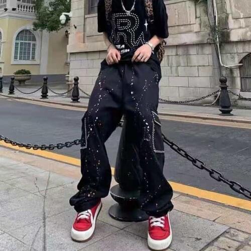 Hand-painted Streetwear Pockets Cargo Pants Mens Elastic Waist Straight Black Casual Overalls Baggy Vibe Couple Trousers