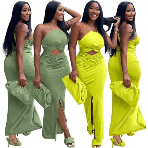 Chiclover Prom Dress Wholesale Items Maxi Dresses for Women Sexy Suspender Temperament Bodycon Dress Slit Draped Zipper Dresses