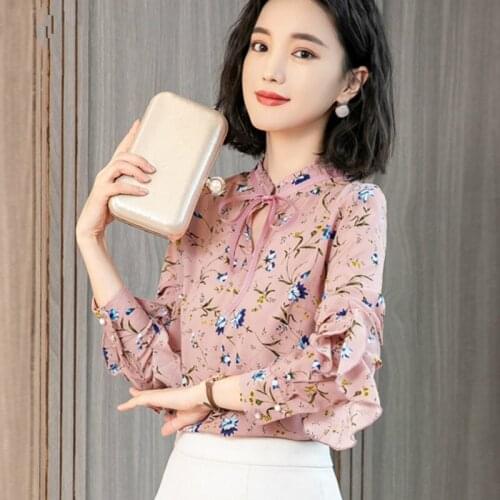 Coreano ruffles bow costura chiffon mulheres tops 2018 moda casual elegante impresso manga comprida chiffon camisa blusa