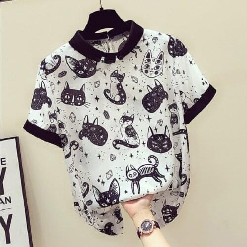 White Black Chiffon Shirt Women Blouses Casual Short Sleeve White Tops Blusas Mujer Cat Print Summer New Slim Top Vintage