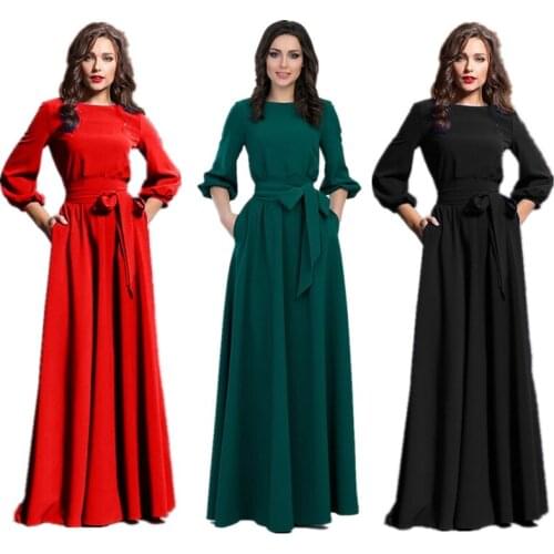 Elegant Muslim Dress Middle East Ramadan Arab Islamic Clothing Solid Lantern Sleeve Women Abaya Dubai Party Kaftan with Belt