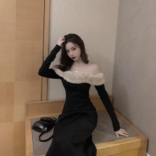 Elegant Vintage Dress Women Sexy Show Shoulders Fur Collar Evening Party Black Dress Female Korean Autumn Chic One-piece Dress