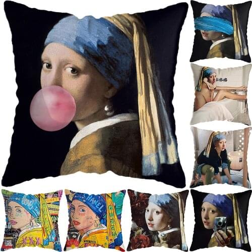 European Girl Pearl Earrings Bubble Retro Painting Pillow Covers Nordic Cushion Cover Home Decoration Pillow Covers Living Room