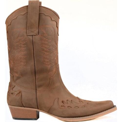 FootCourt- Brown Texas Boots For Men Genuine Leather Mid-Calf Pointed Toe Motorcycle Boots Western Spring Autumn New season Shoe