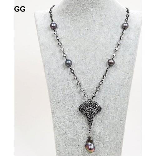 GuaiGuai Jewelry 27" Natural Black Keshi Pearl Gunmetal CZ Crystal Chain Necklace CZ Baroque Pearl Pendant