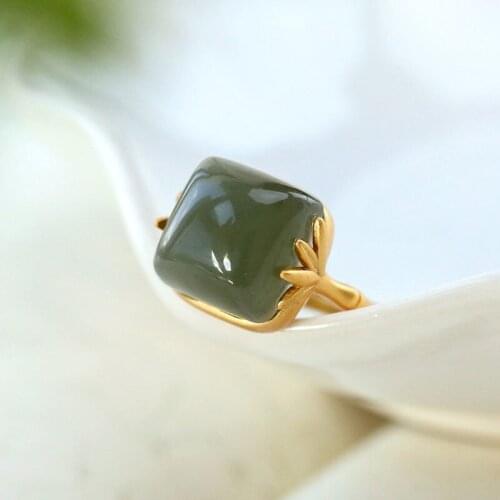 Sterling Silver Hetian Jade Ring Womens Ancient Gilding Auspicious Clouds Ruyi Elegance Retro Magnificent Open End Adjustable