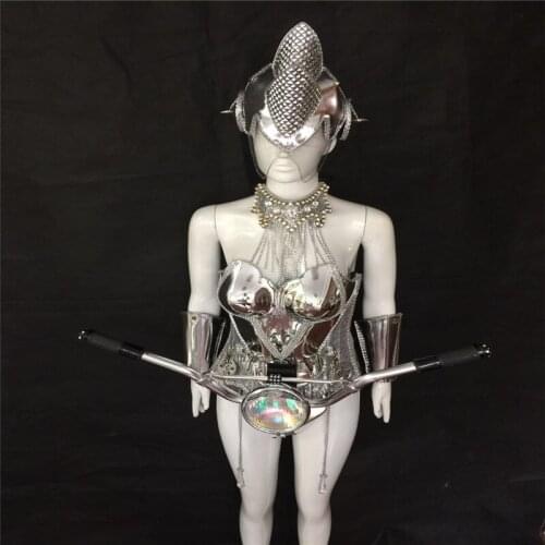 KS12 Ballroom dance silver mirror female dresses dj bodysuit party wears clothe robot suit perform handlebar show stage costumes