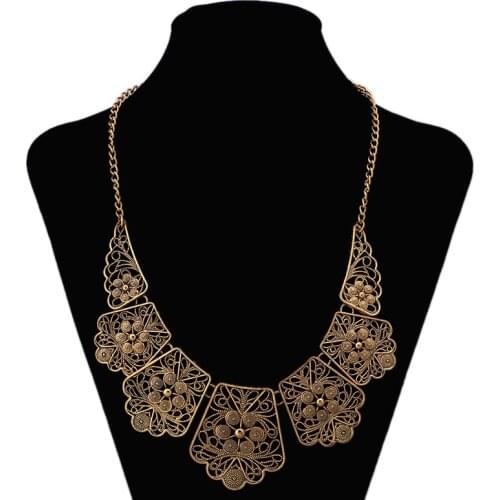 LZHLQ Ethnic Carving Flower Geometric Necklaces Vintage Metal Hollow Brand Maxi Necklace Fashion Women Chain Jewelry Accessories