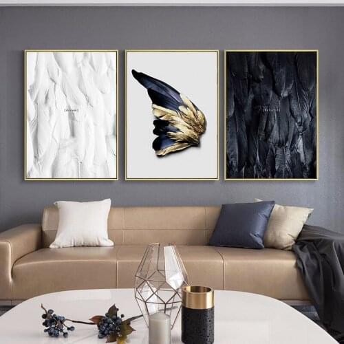 Nordic Luxurious Abstract White Feathers Golden Words Woman Canvas Painting Wall Picture Poster Room Decoration Sofa Background